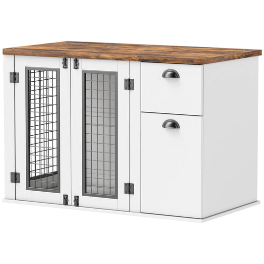 44 Dog Crate with Double Doors, Storage Drawer, White Houses, Kennels & Pens White at Gallery Canada