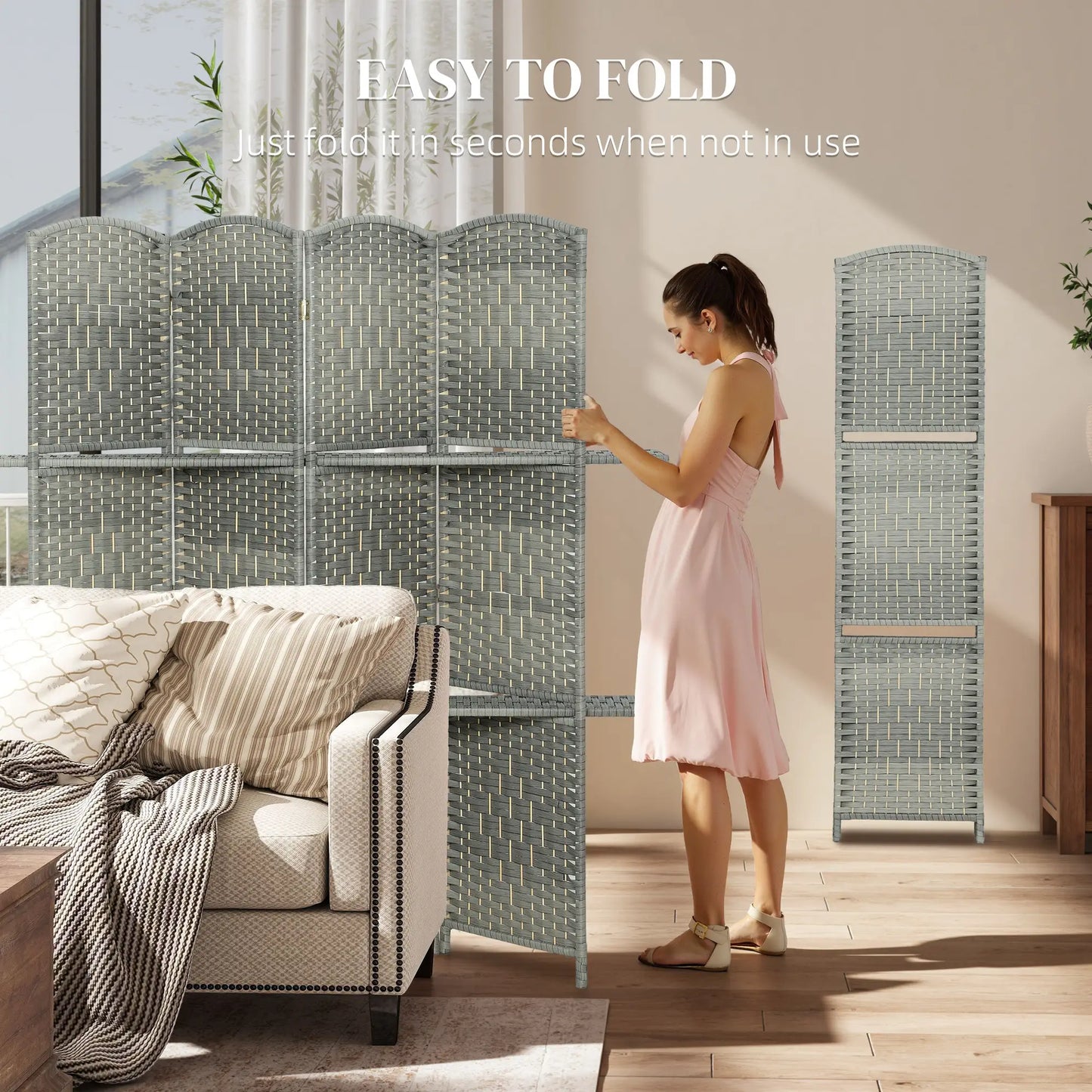 6 FT Privacy Screen, 4 Panel Room Divider With Shelves, Grey