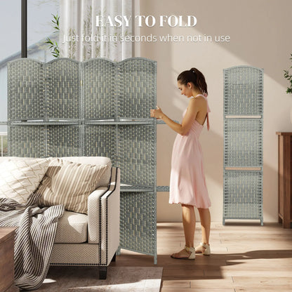 6 FT Privacy Screen, 4 Panel Room Divider With Shelves, Grey
