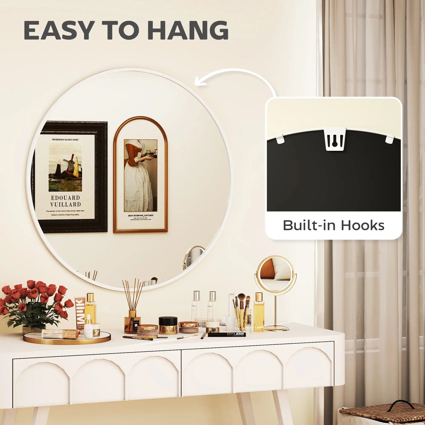 36" Round Mirror, Metal Frame, Bathroom Wall Mirror, White Wall Mirrors at Gallery Canada