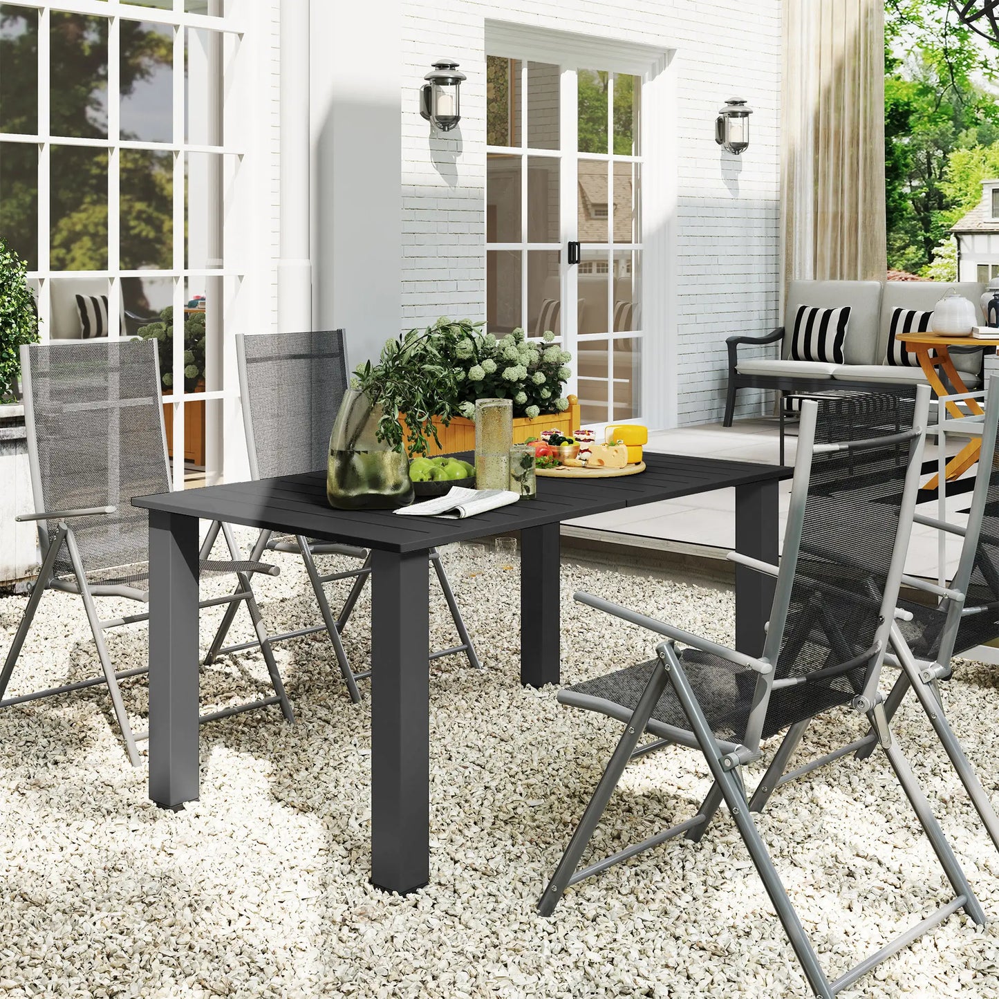 59" Outdoor Patio Table With Umbrella Hole, Slatted Tabletop, Black Patio Dining Tables at Gallery Canada
