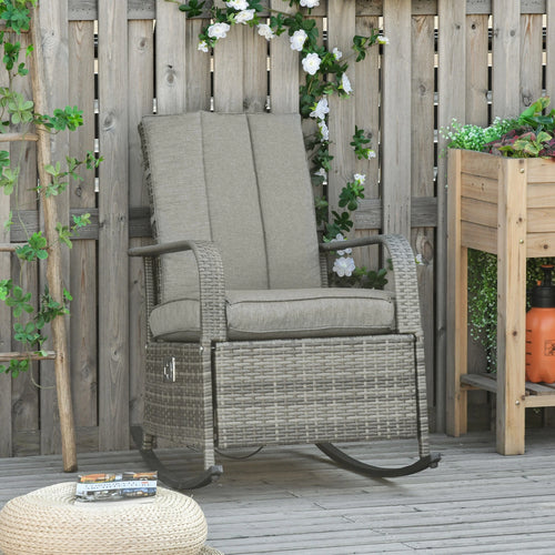 Outdoor Wicker Rocking Chair with Cushion, Adjustable Footrest, Grey