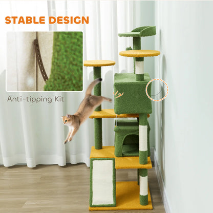 54" Cat Tree, Multi-Level Tower With Scratching Posts, Condos, Bed, Green