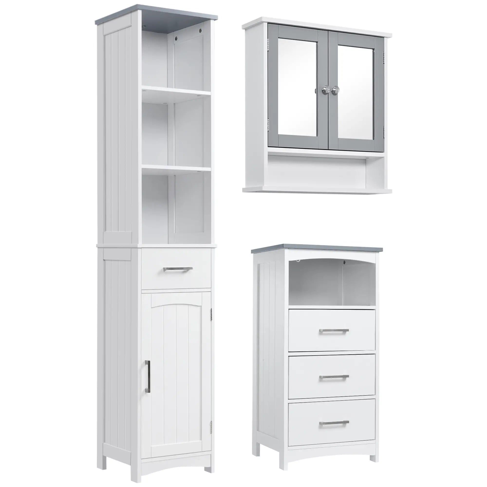 3-Piece Bathroom Set, Tall and Small Cabinets, Wall Mount Mirror, White Storage Cabinets at Gallery Canada