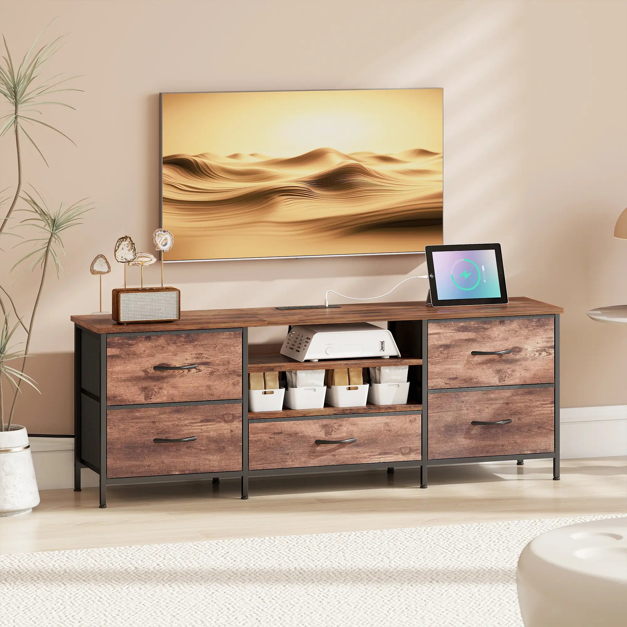 TV Stand For 65 Inch TVs, Industrial Console With Charging Station, 5 Drawers, Rustic Brown TV Stands at Gallery Canada