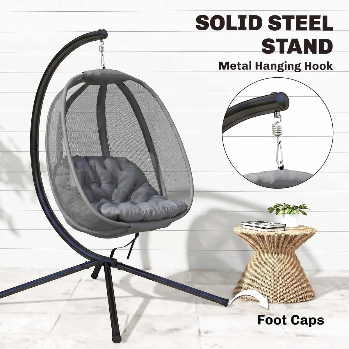 Hanging Egg Chair, Outdoor Swing with Stand, Folding Basket, Grey