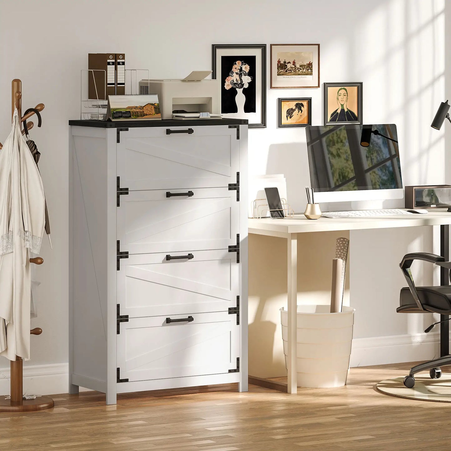 4 Drawer Filing Cabinet, Farmhouse Office Storage, Adjustable Hanging Bars, Letter A4 Legal Size, White Office Cabinets & Cupboards at Gallery Canada