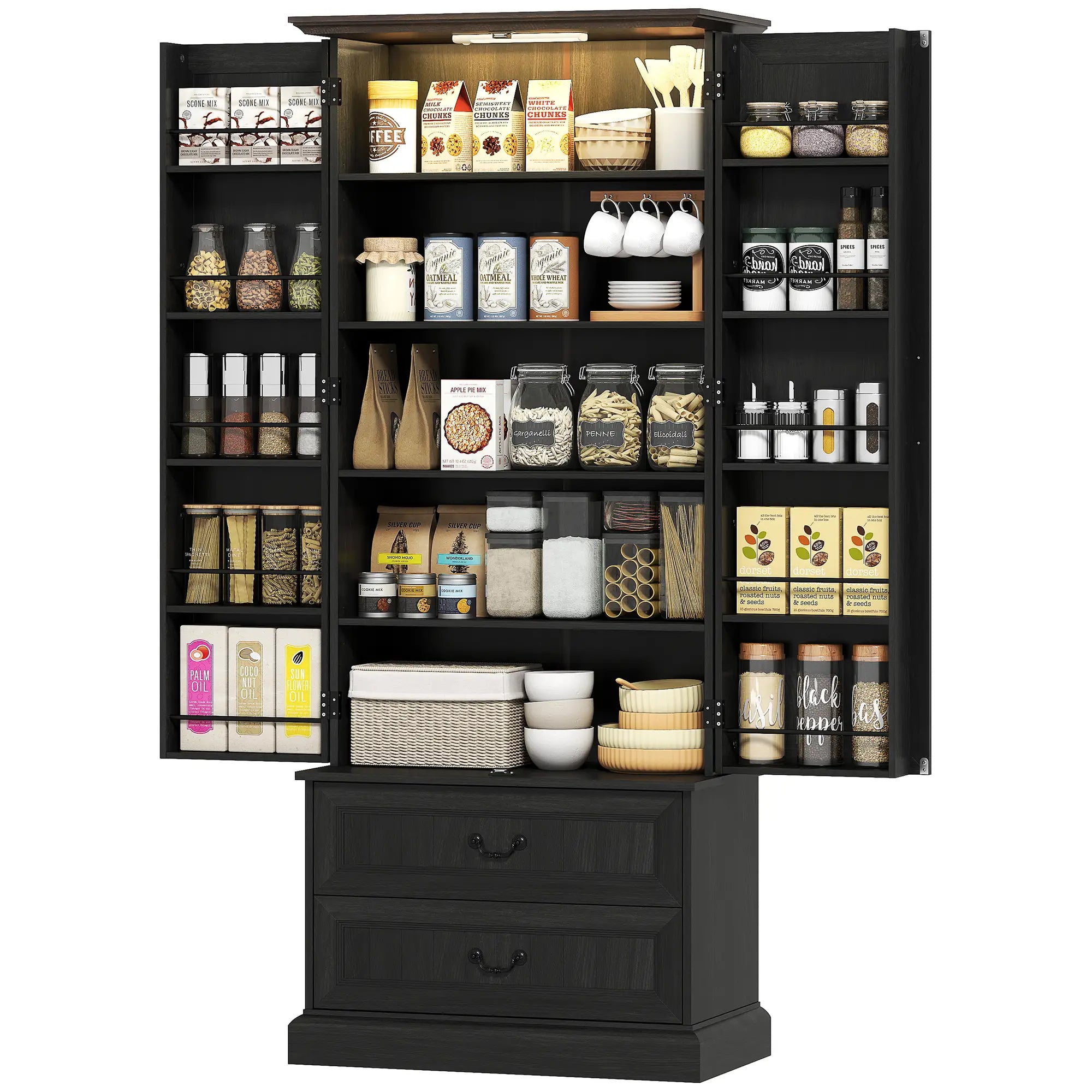 72 Inch LED Kitchen Pantry Cabinet, 10 Shelves, 2 Drawers, Black Kitchen Pantry Cabinets Black, Brown at Gallery Canada
