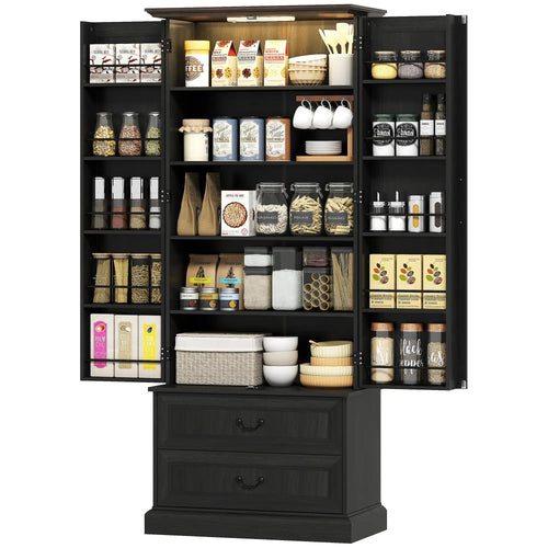 72 Inch LED Kitchen Pantry Cabinet, 10 Shelves, 2 Drawers, Black