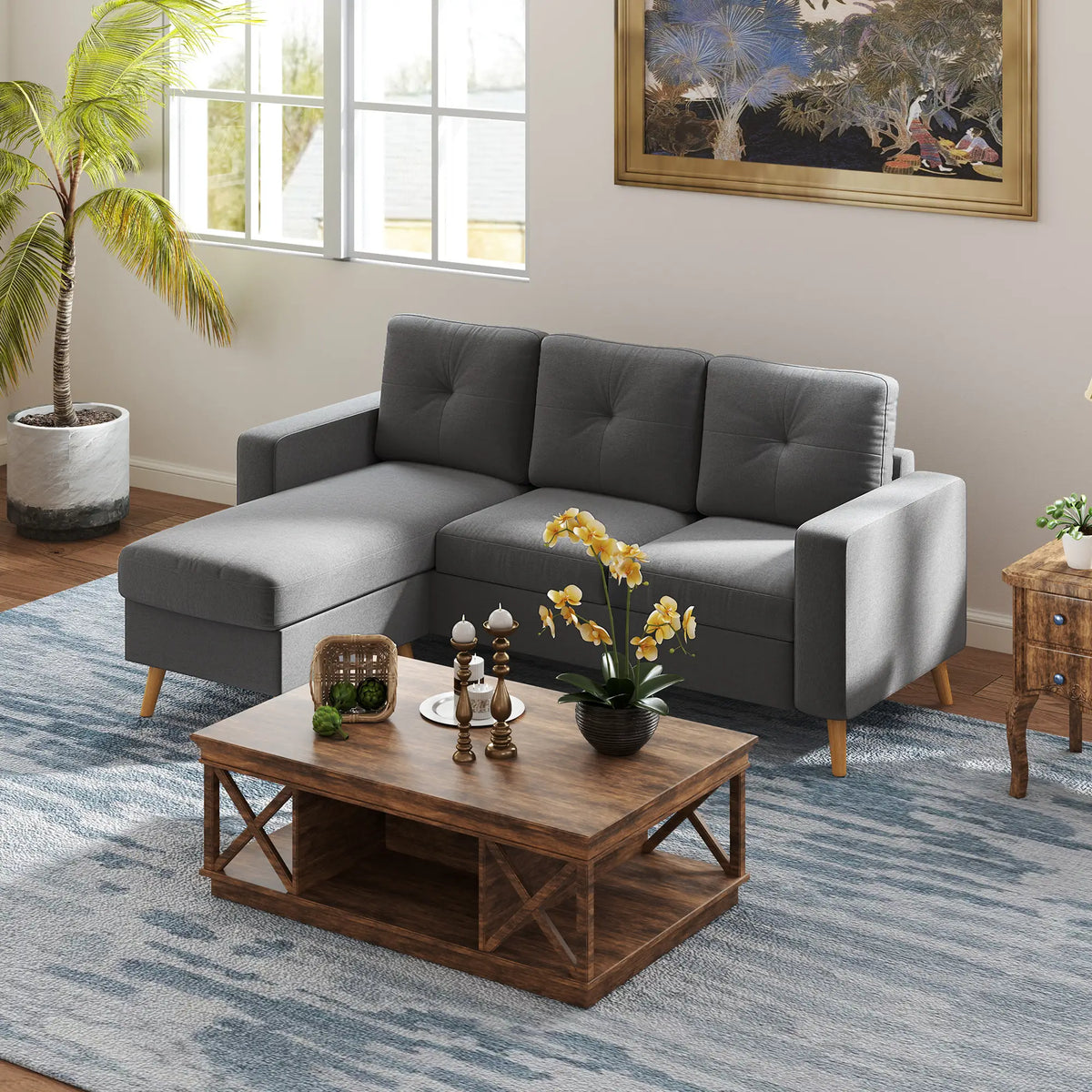 L Shaped Sectional Sofa, Reversible Chaise, Wooden Legs, Dark Grey 3-Seater Sofas at Gallery Canada