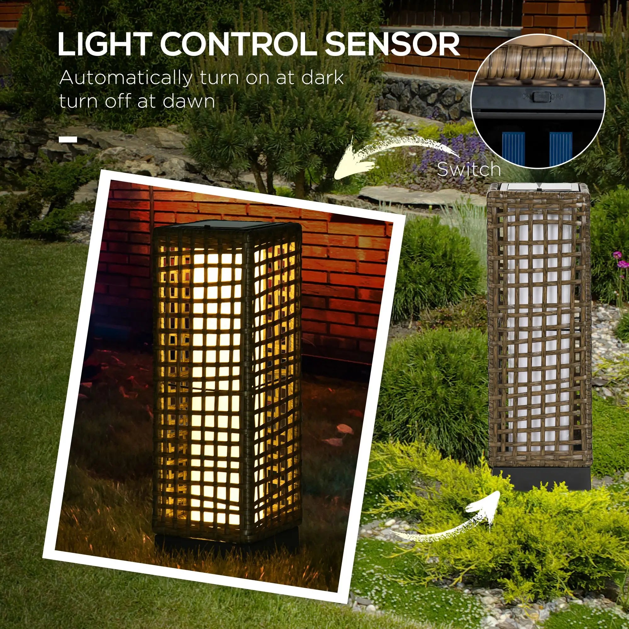 Wicker Solar Outdoor Lamp, Auto On/Off LED, IP44, Patio, Porch, Pathway Solar Post Lamps at Gallery Canada