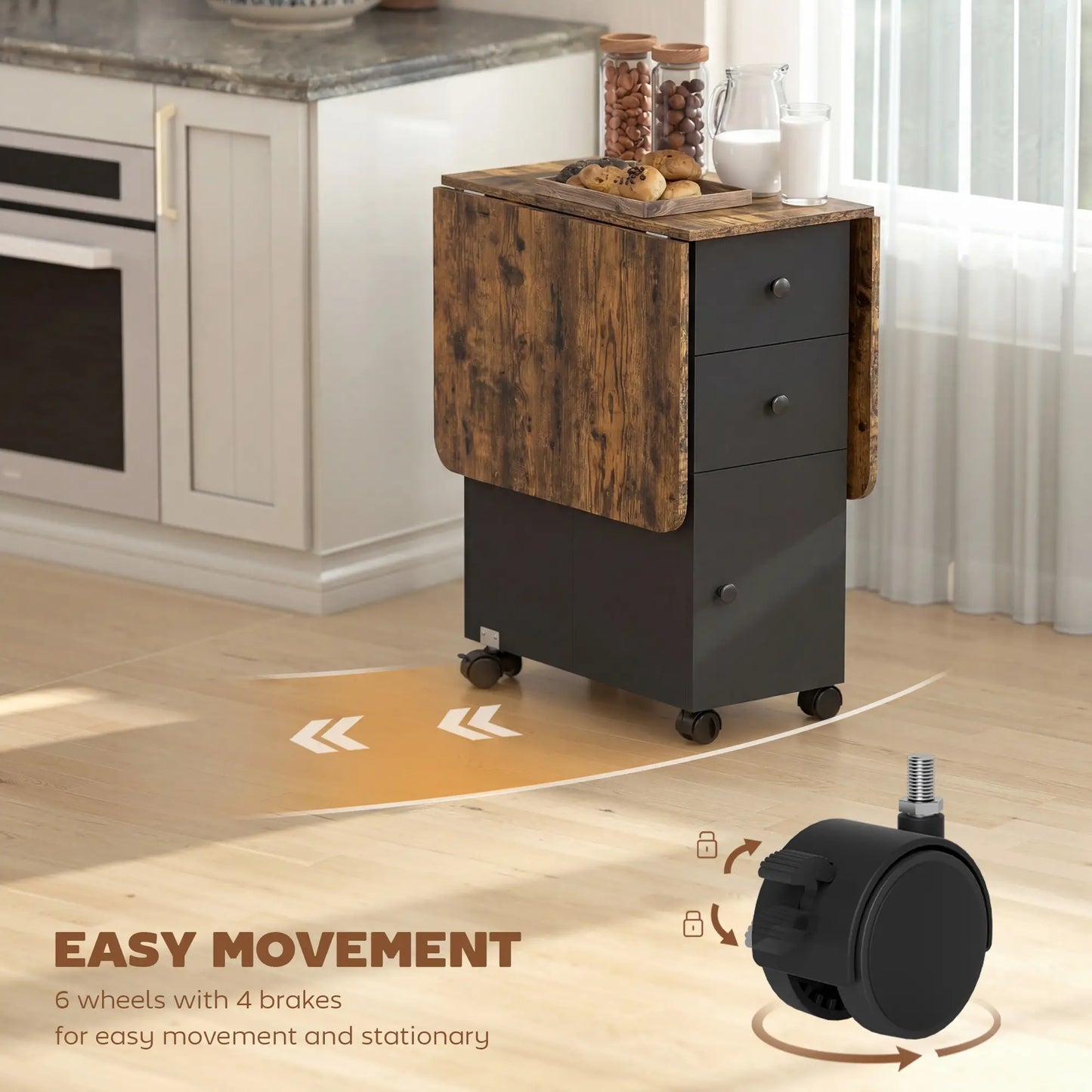 Drop Leaf Dining Table On Wheels With Drawers, Rustic Brown And Black, Brown, Black Dining Tables at Gallery Canada