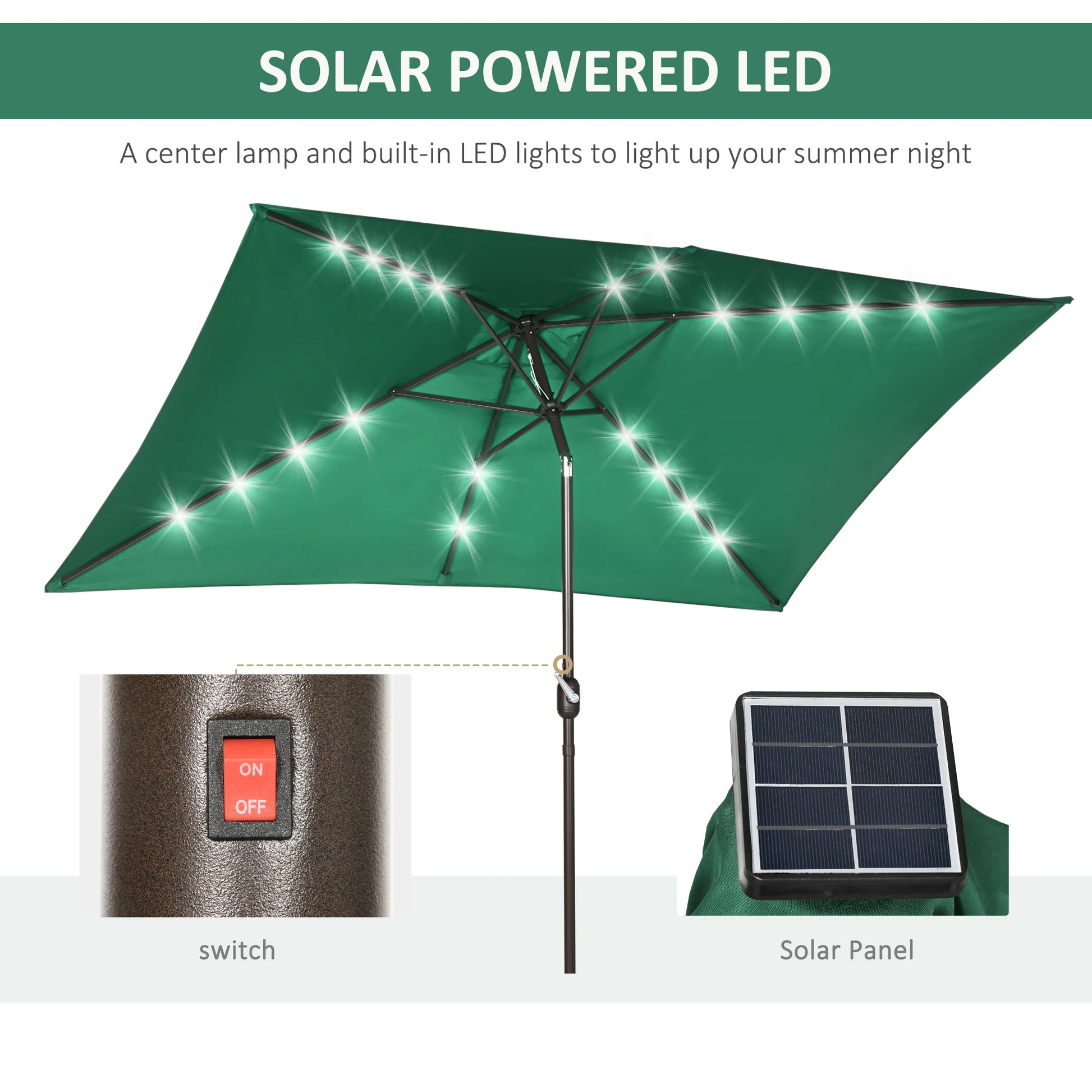 6.5x10ft Solar Powered Rectangle Patio Umbrella, Tilt Aluminum, Dark Green Sun Umbrellas at Gallery Canada