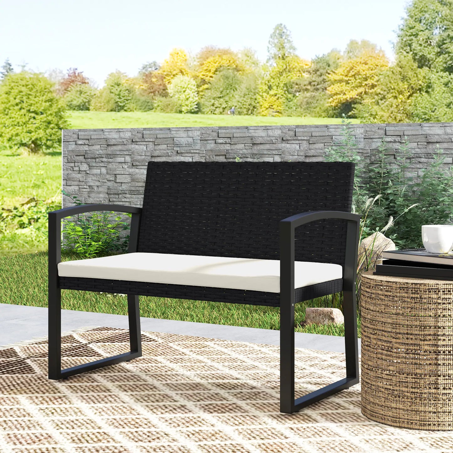 2 Seater Rattan Garden Bench Loveseat, With Cushion And Armrests, Beige Patio Chairs at Gallery Canada