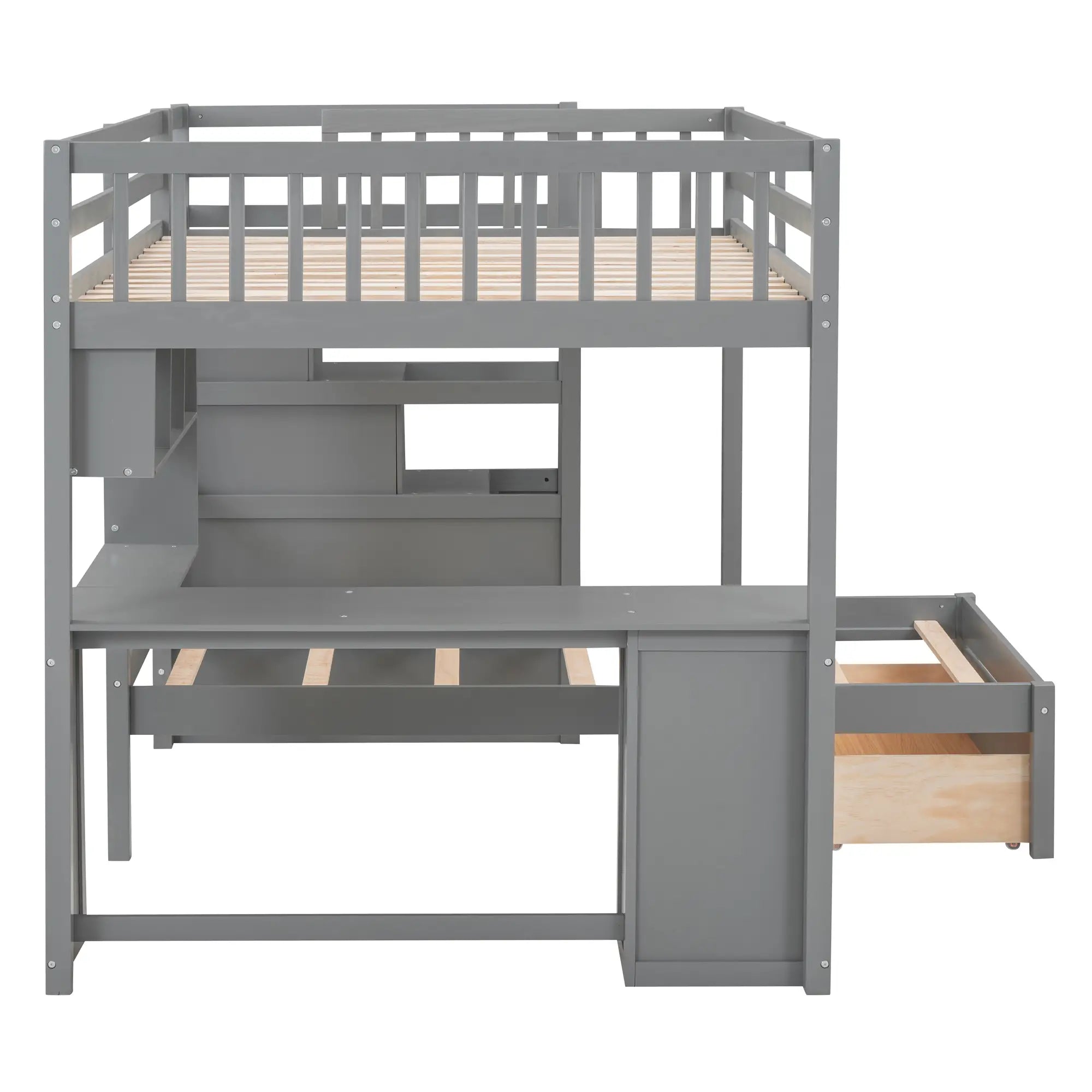 Over Twin Bunk Bed with Study Desk, Drawers, Shelves, 98