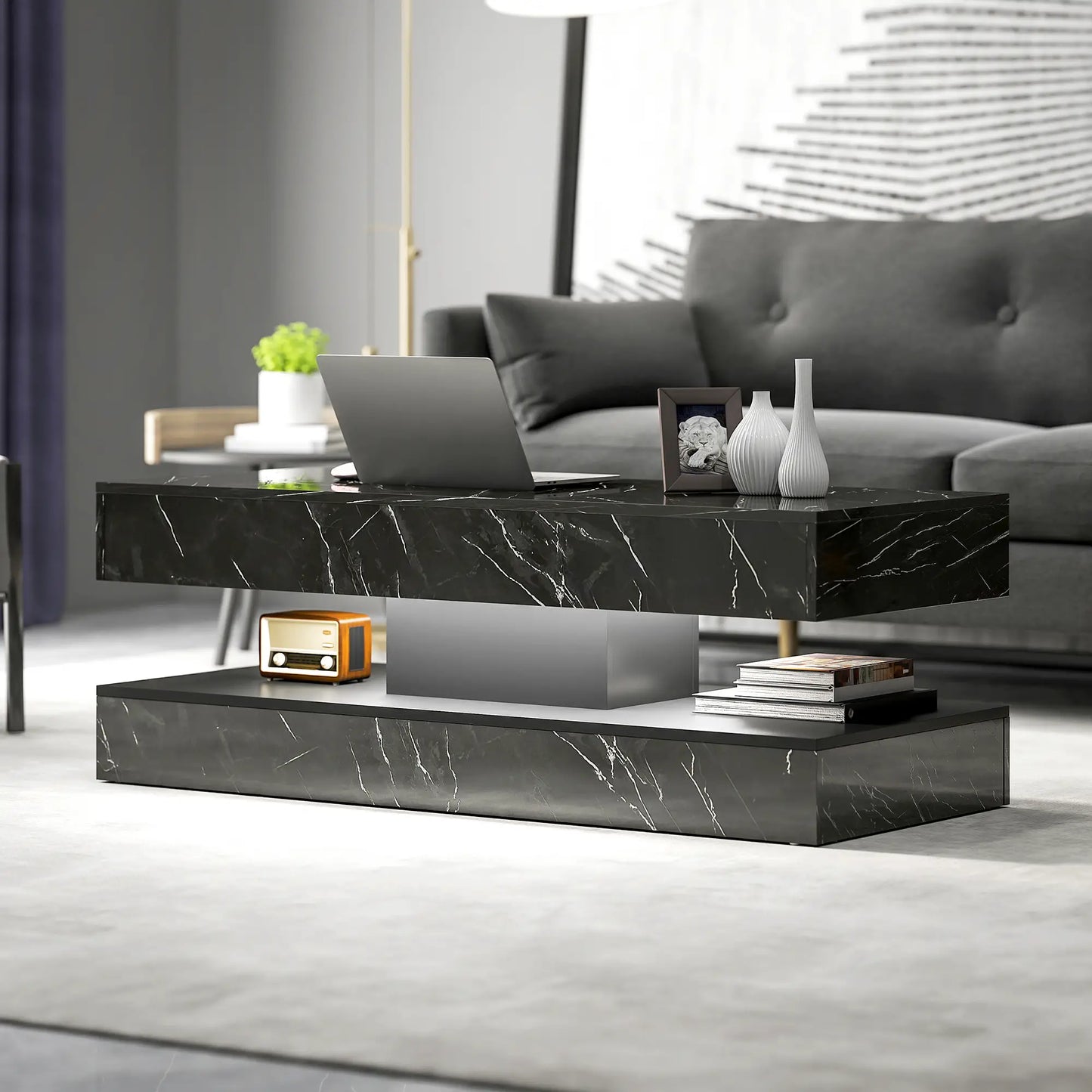 Adjustable LED Coffee Table, 2 Drawers, Open Shelf, Remote, High Gloss Black Coffee Tables at Gallery Canada