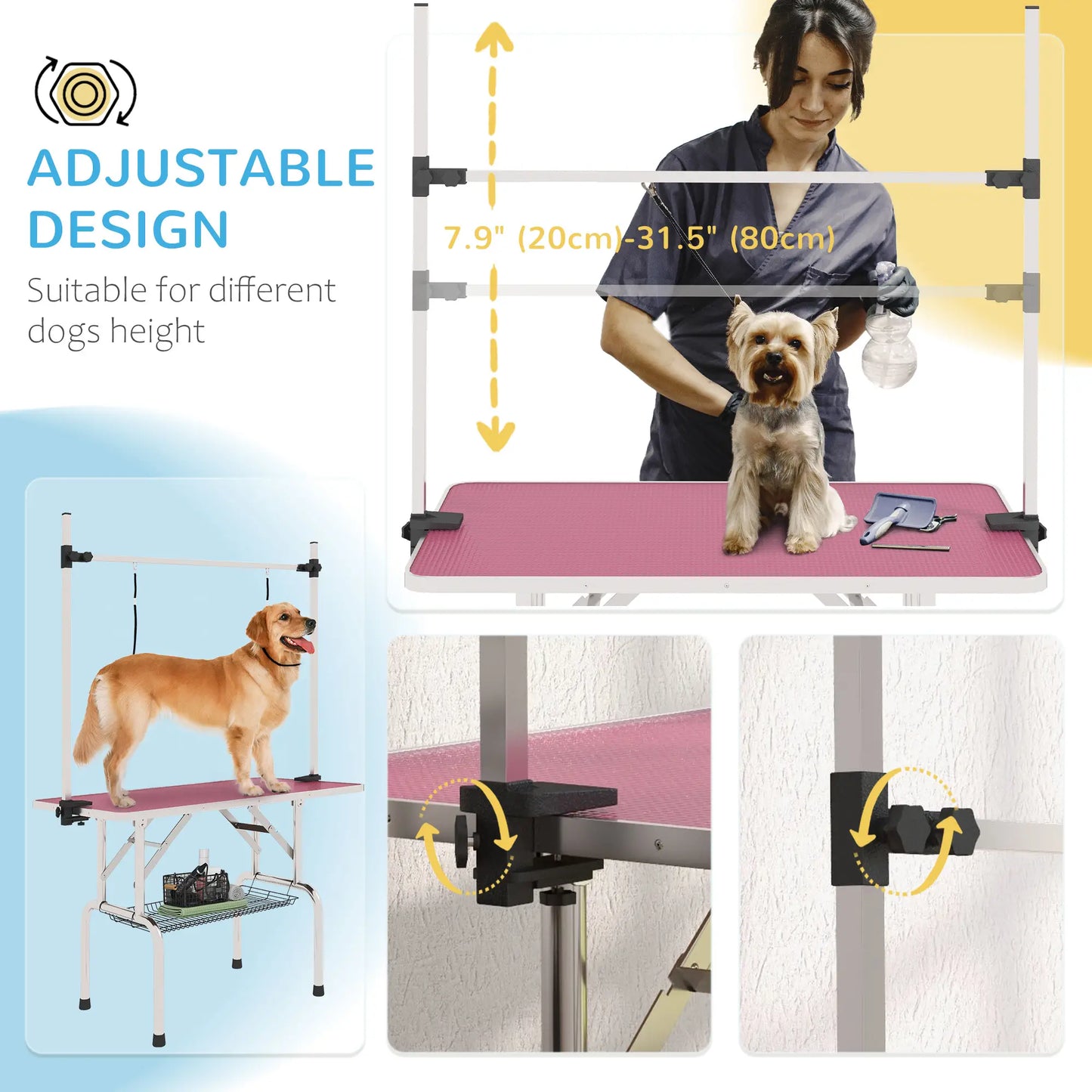 Adjustable Dog Grooming Table with 2 Safety Slings, Storage Basket, Pink Dog Grooming Tables at Gallery Canada