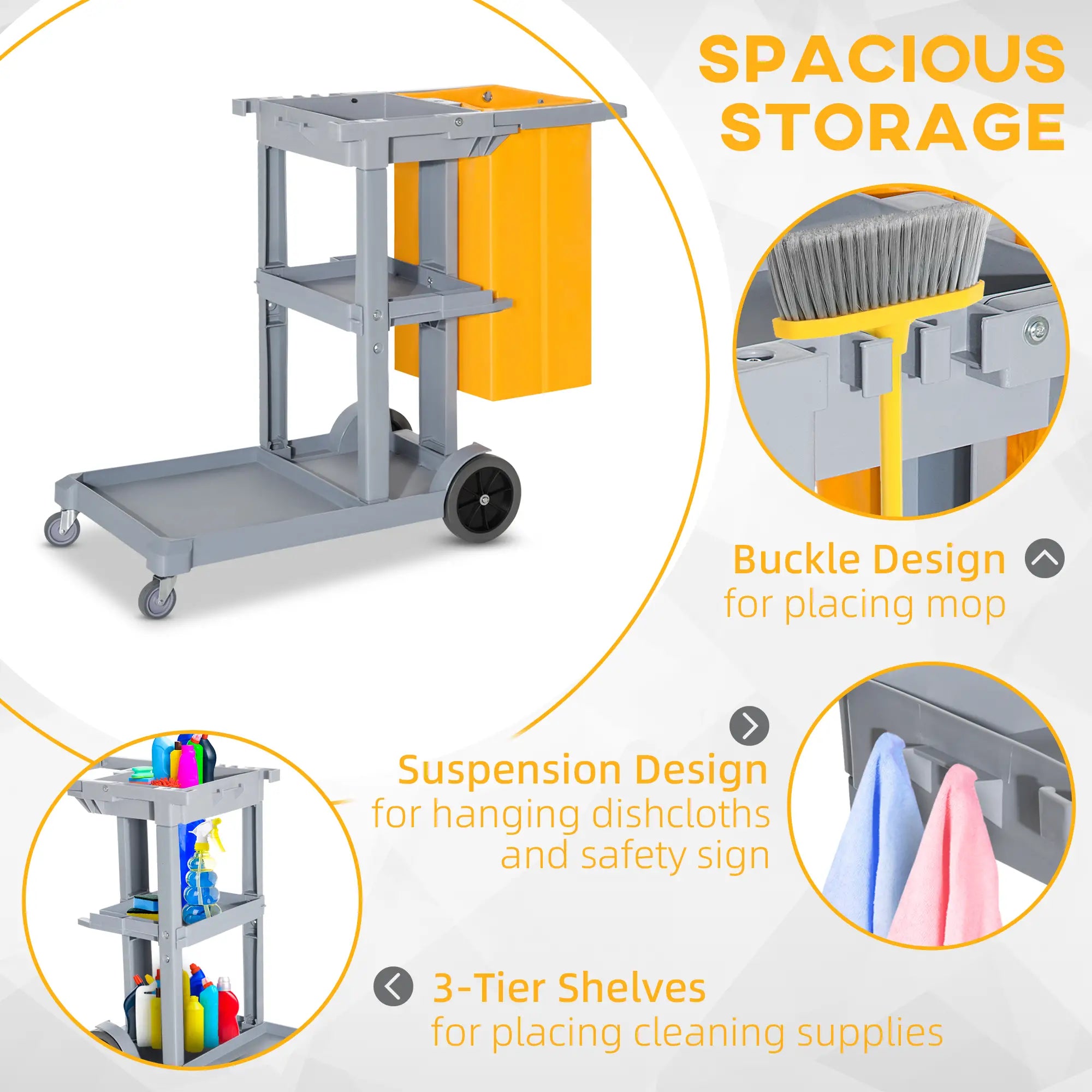 Janitorial Cart with 3 Shelves, Wheels, Rubbish Bag, Mop Holders, Grey Household Supplies at Gallery Canada