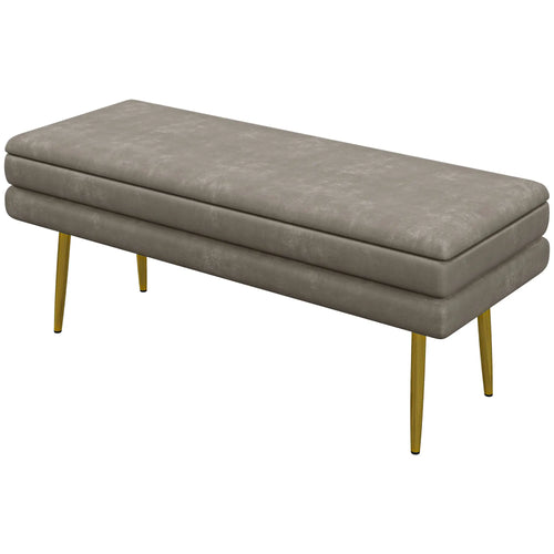 Velvet Upholstered Bench, Thick Padded Seat, Steel Legs, Beige