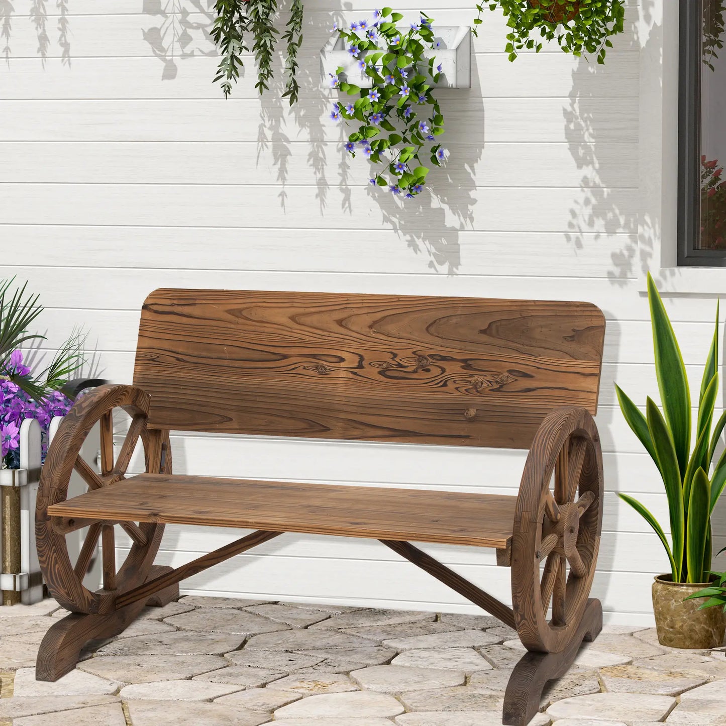 Wooden Wagon Wheel Bench, Rustic 2 Seater, Garden Outdoor Chair Outdoor Benches at Gallery Canada