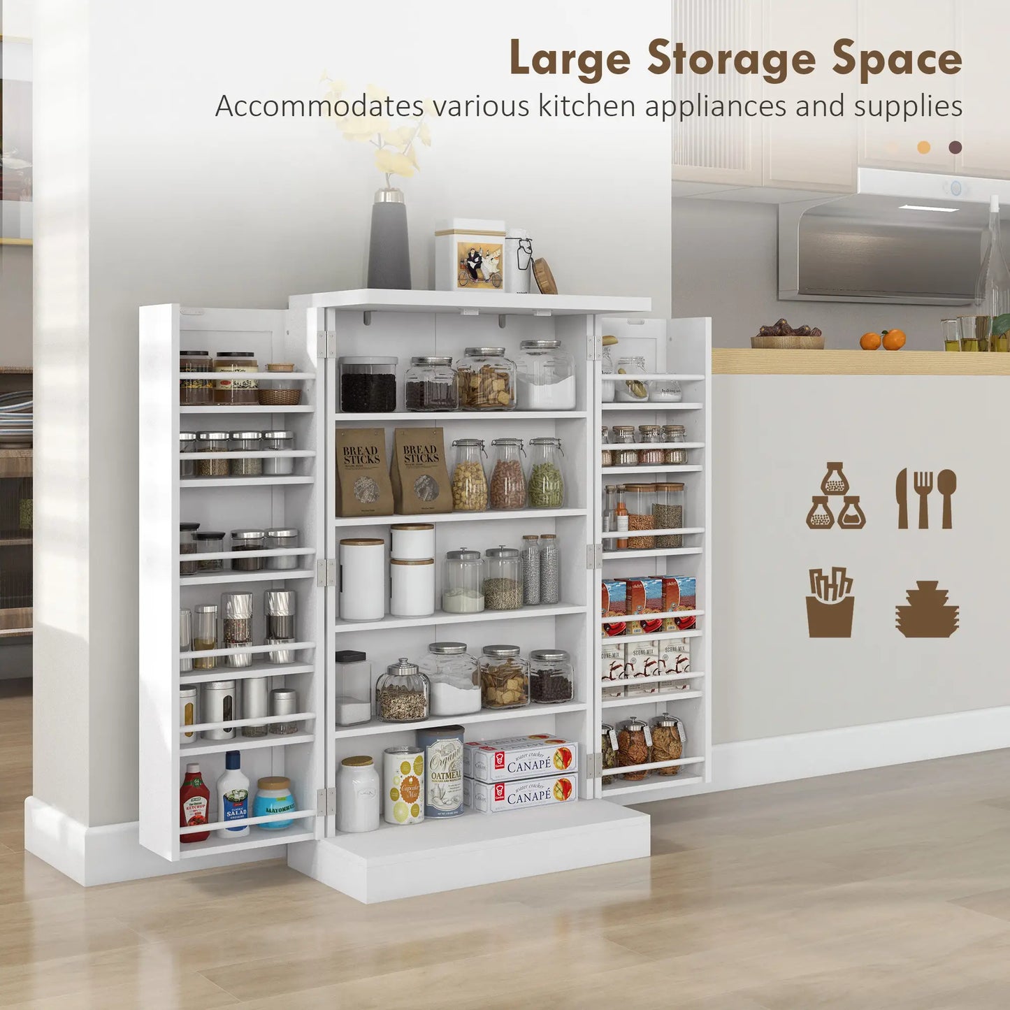 Freestanding Kitchen Pantry Cabinet, 5-Tier Shelf, 12 Spice Racks, Adjustable Shelves, White Kitchen Pantry Cabinets at Gallery Canada