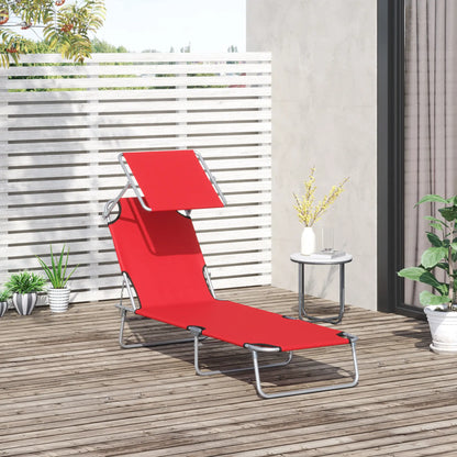 Adjustable Folding Chaise Lounge, Outdoor Tanning Chair with Sun Shade, Red