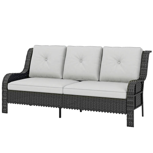 Wicker Patio Sofa With Cushions, 3 Seater Rattan Outdoor Couch, Light Grey