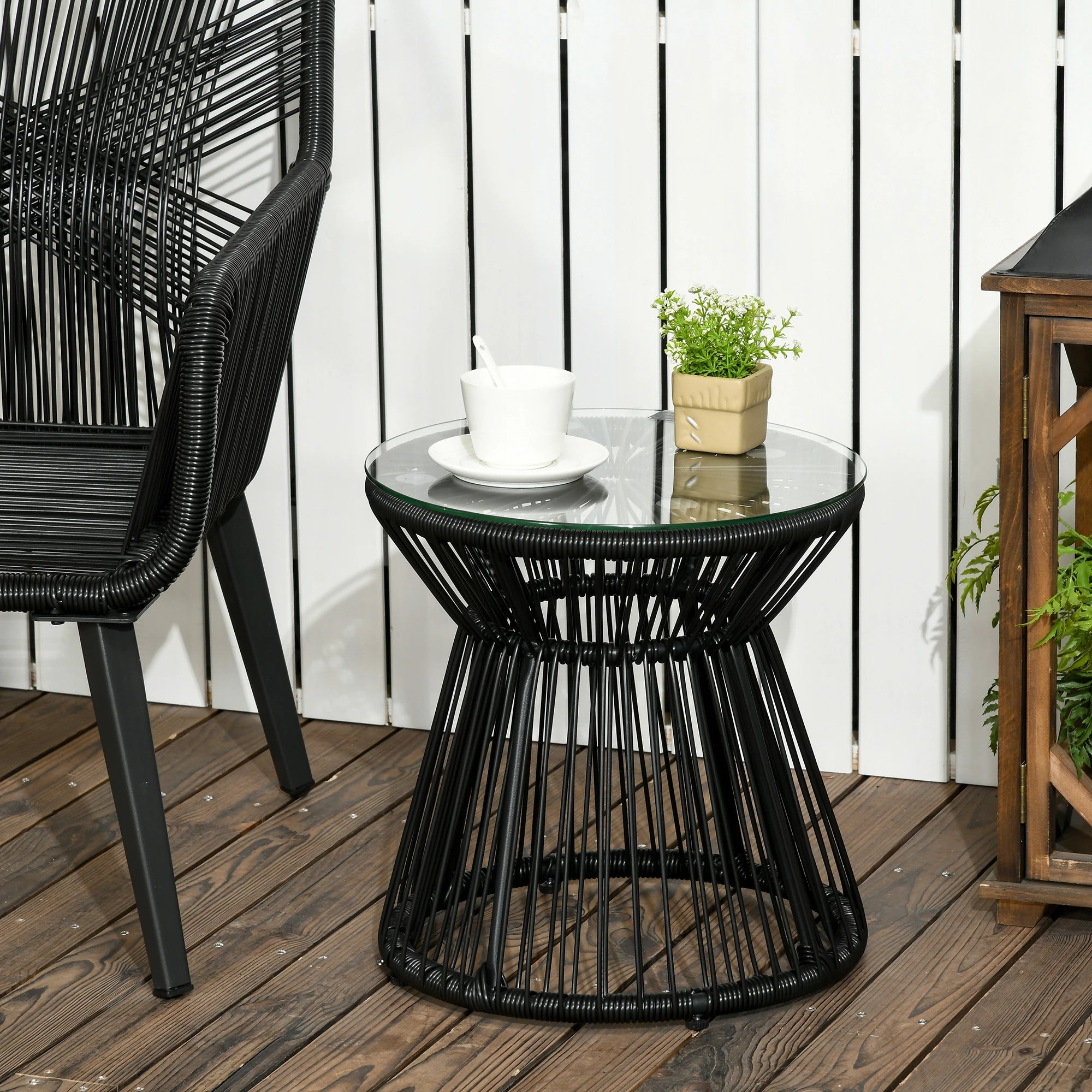 Round Rattan End Table, Hollow Drum Design, Glass Top, Black Patio Side Tables at Gallery Canada