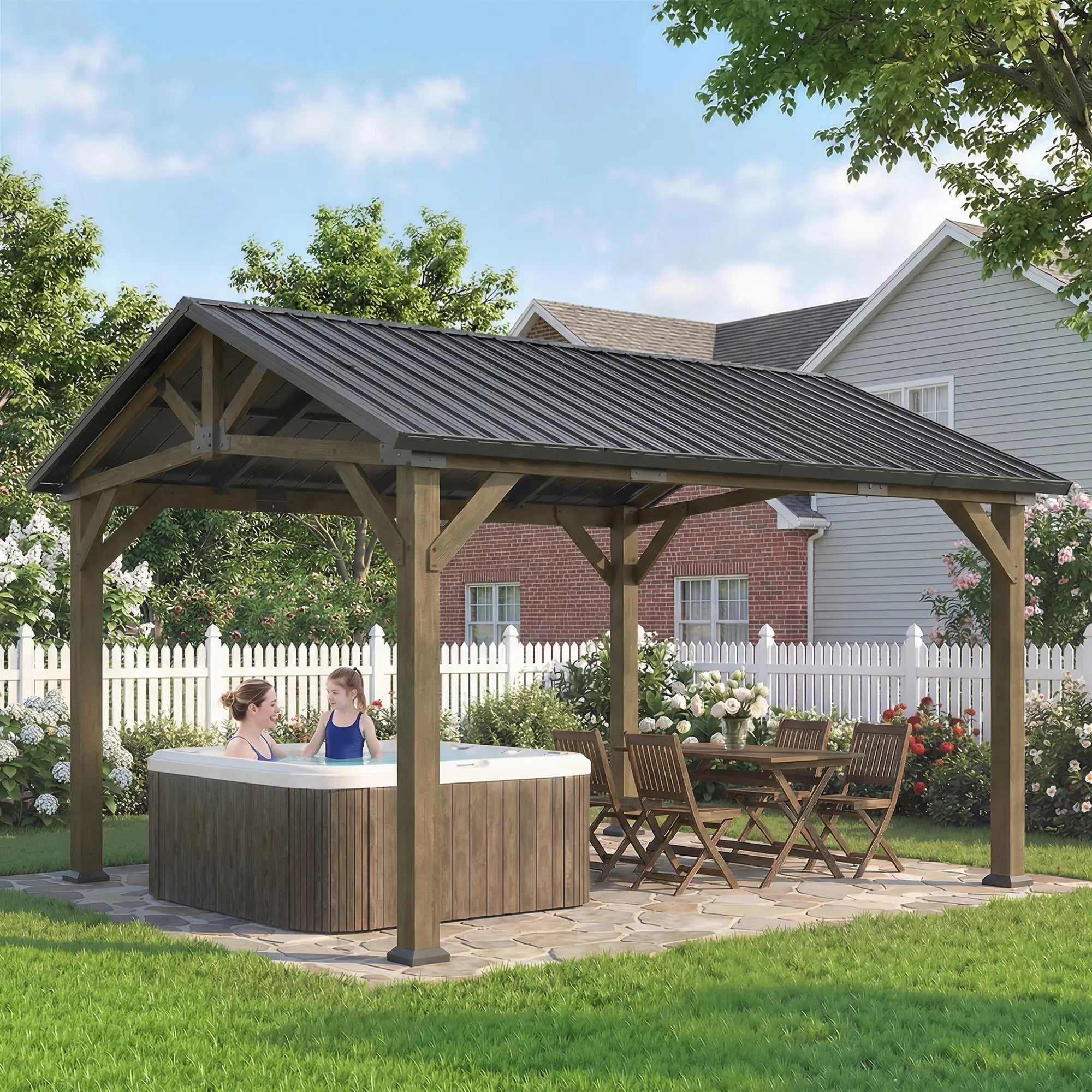 13' x 11' Hardtop Gazebo, Galvanised Metal Roof, Fir Wood Frame, Black Grey Gazebos at Gallery Canada