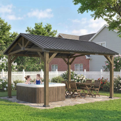 13' x 11' Hardtop Gazebo, Galvanised Metal Roof, Fir Wood Frame, Black Grey Gazebos at Gallery Canada