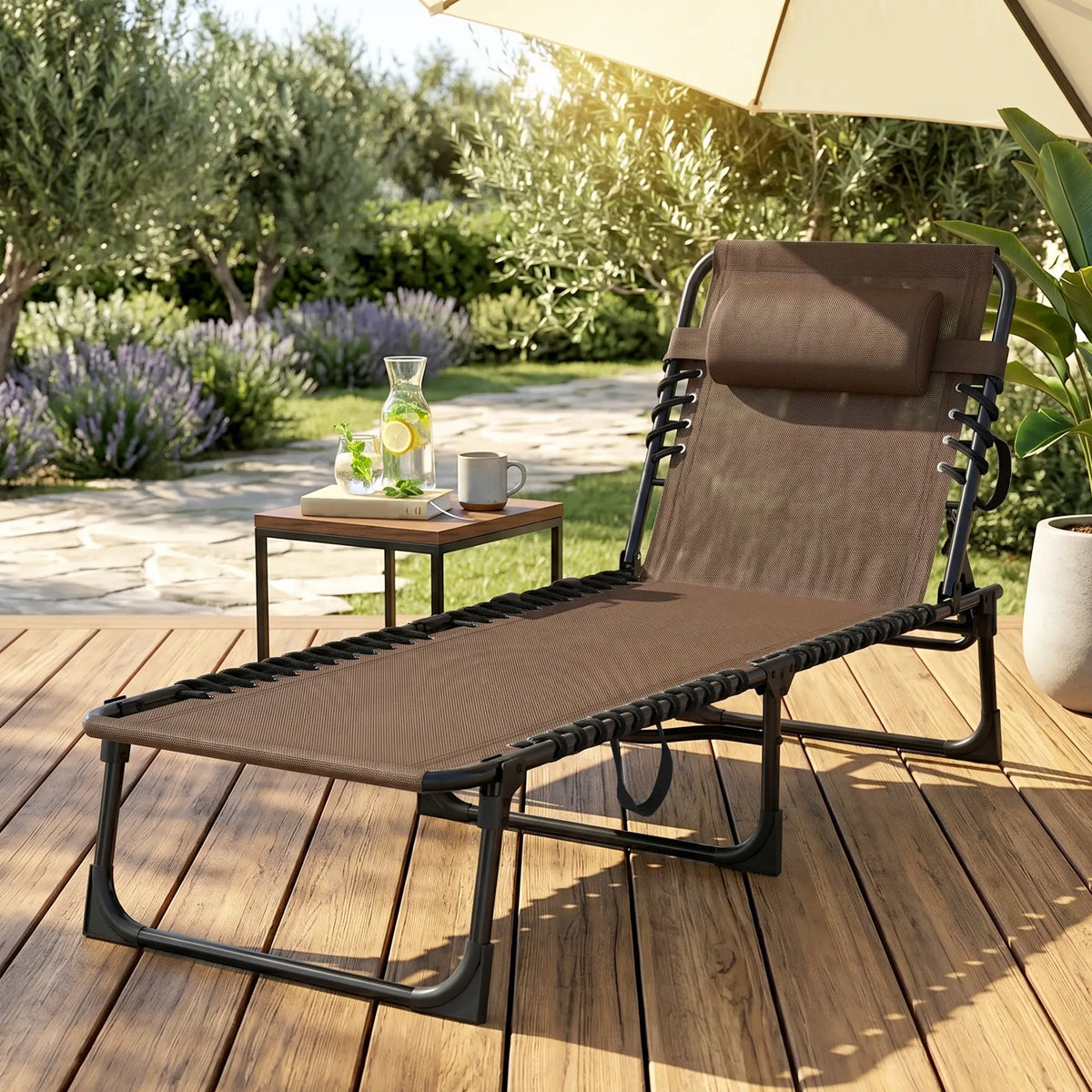 Outdoor Folding Chaise Lounge, Adjustable Backrest, Removable Pillow, Brown Lounger Chairs at Gallery Canada