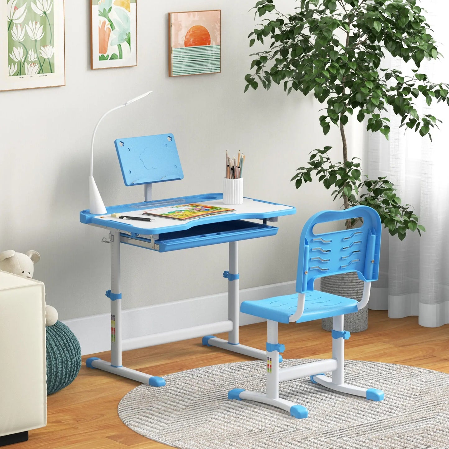Adjustable Kids Desk and Chair Set, Tilt Desktop, Blue Kids Desk Sets at Gallery Canada