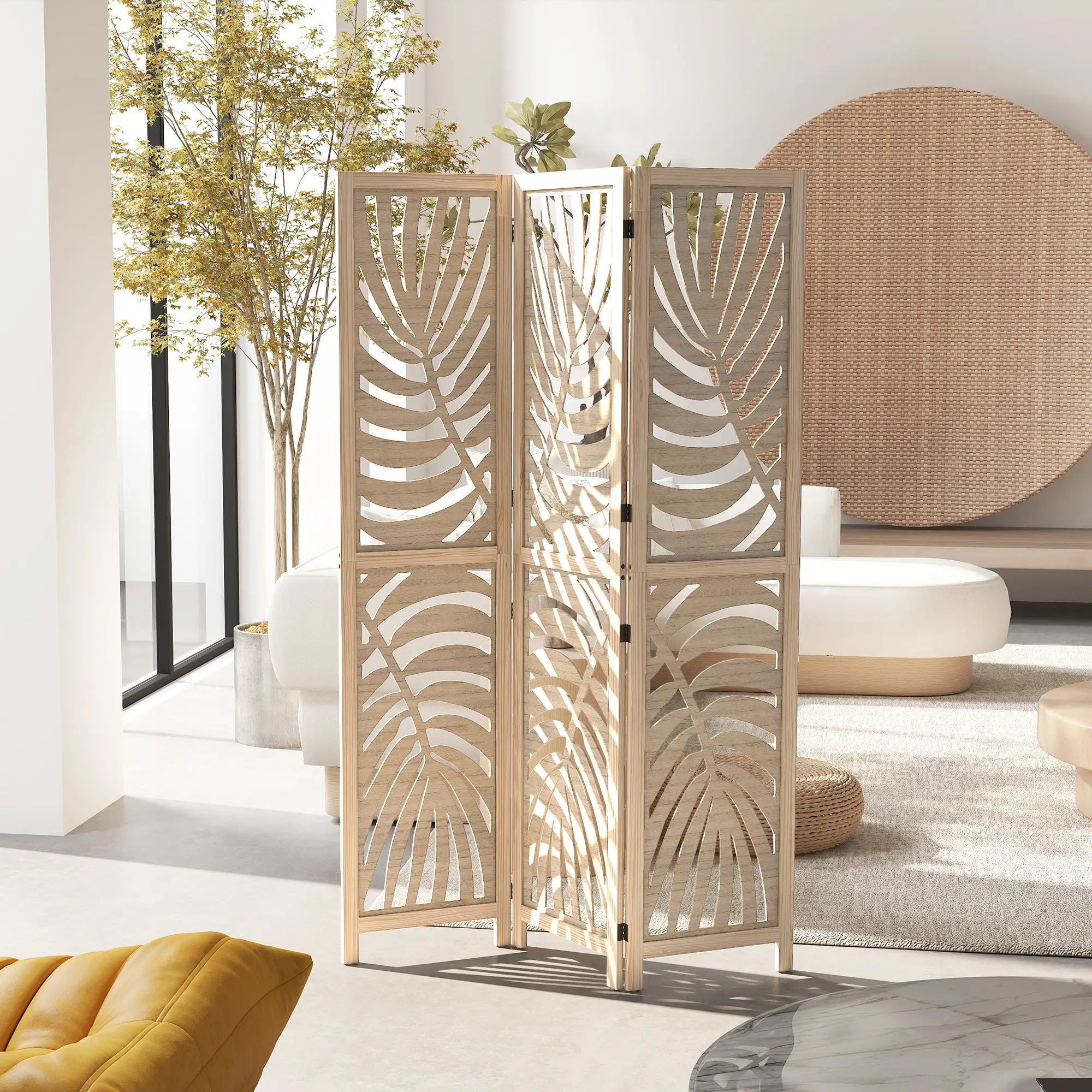 3 Panel Room Divider, Detachable Folding Privacy Screen, Palm Leaf Design, Natural Wood Finish Room Dividers at Gallery Canada