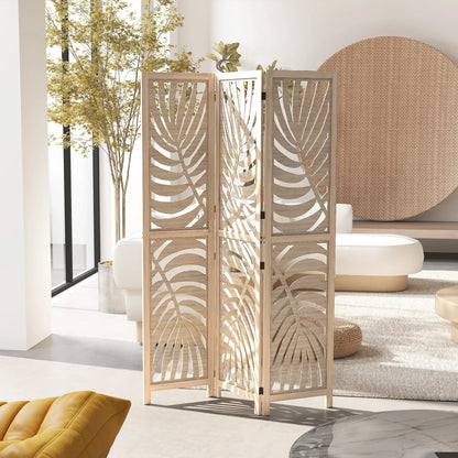 3 Panel Room Divider, Detachable Folding Privacy Screen, Palm Leaf Design, Natural Wood Finish Room Dividers at Gallery Canada