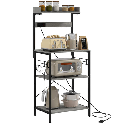 Kitchen Baker's Rack with Power Outlet, Adjustable Shelves, Distressed Grey, Grey Bar Cabinets at Gallery Canada