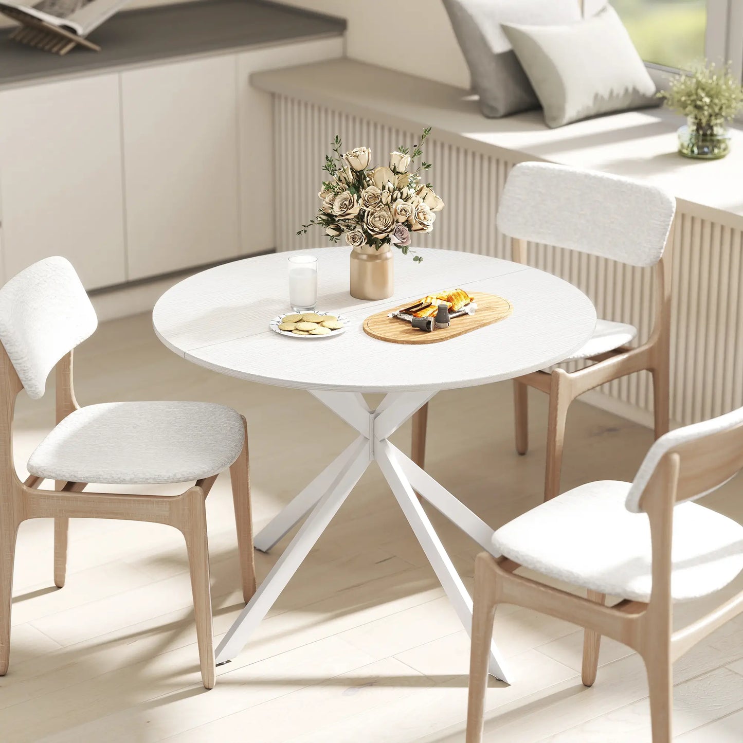 40" Round Kitchen Table For 4, Industrial Dining Table, White Oak, White Dining Tables at Gallery Canada