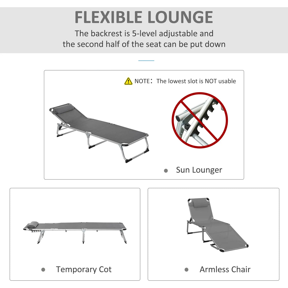 Folding Lounge Chair, Adjustable Backrest, Aluminum Frame, Grey