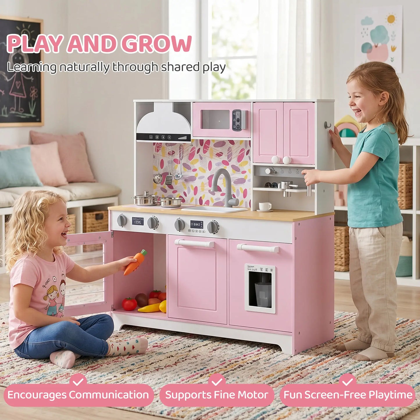 Cuisine de jeu pour enfants avec machine à café, machine à glaçons, rangement, bleue