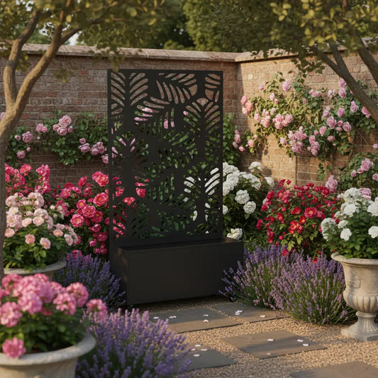 Metal Planter Box With Trellis, Raised Garden Bed With Monstera Leaf Cut-Out Galvanized Planter Boxes Black at Gallery Canada