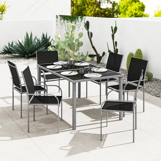 7 Piece Outdoor Dining Set, Table & 6 Stackable Chairs, Black