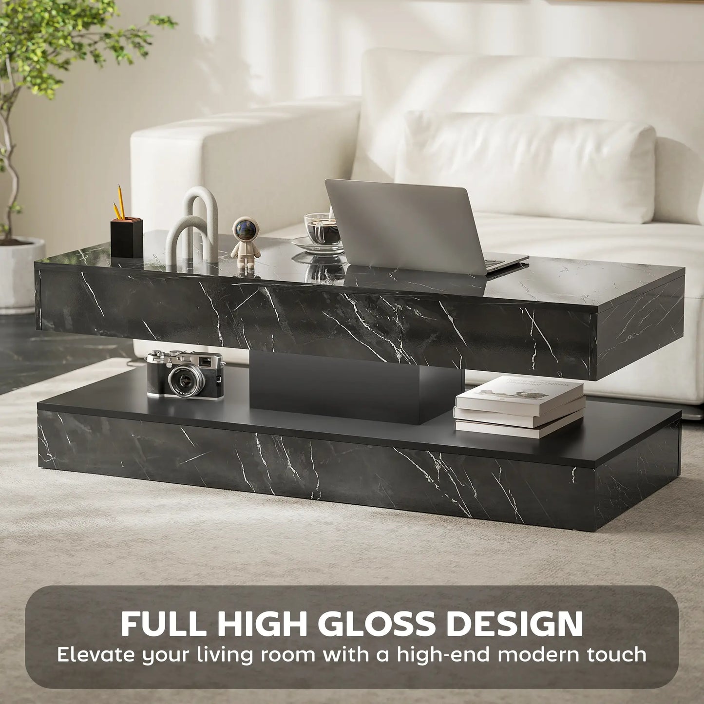 Adjustable LED Coffee Table, 2 Drawers, Open Shelf, Remote, High Gloss Black Coffee Tables at Gallery Canada