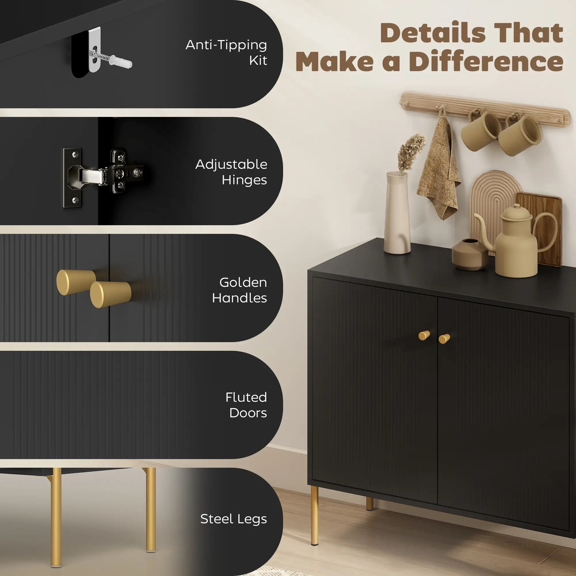 Sideboard, Modern Buffet Cabinet, Coffee Bar with Fluted Doors, Black Storage Cabinets at Gallery Canada