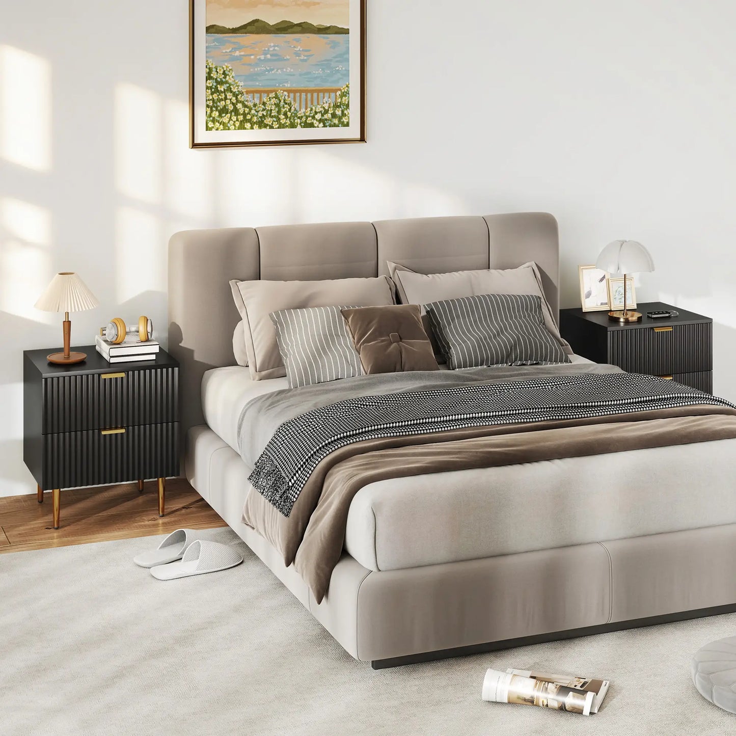 Modern Nightstand Set of 2, 2 Drawers, Metal Legs, Black Bedside Tables at Gallery Canada