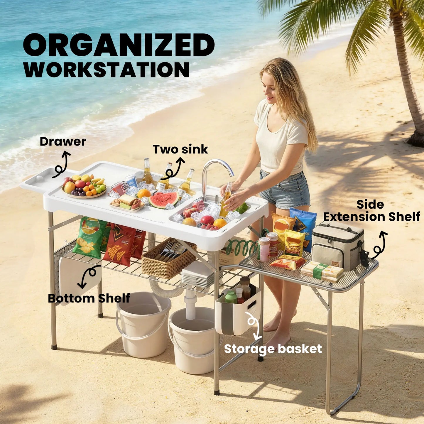 Folding Portable Camping Sink, Side Shelf, Bottom Rack, White Picnic Tables & Camping Chairs at Gallery Canada