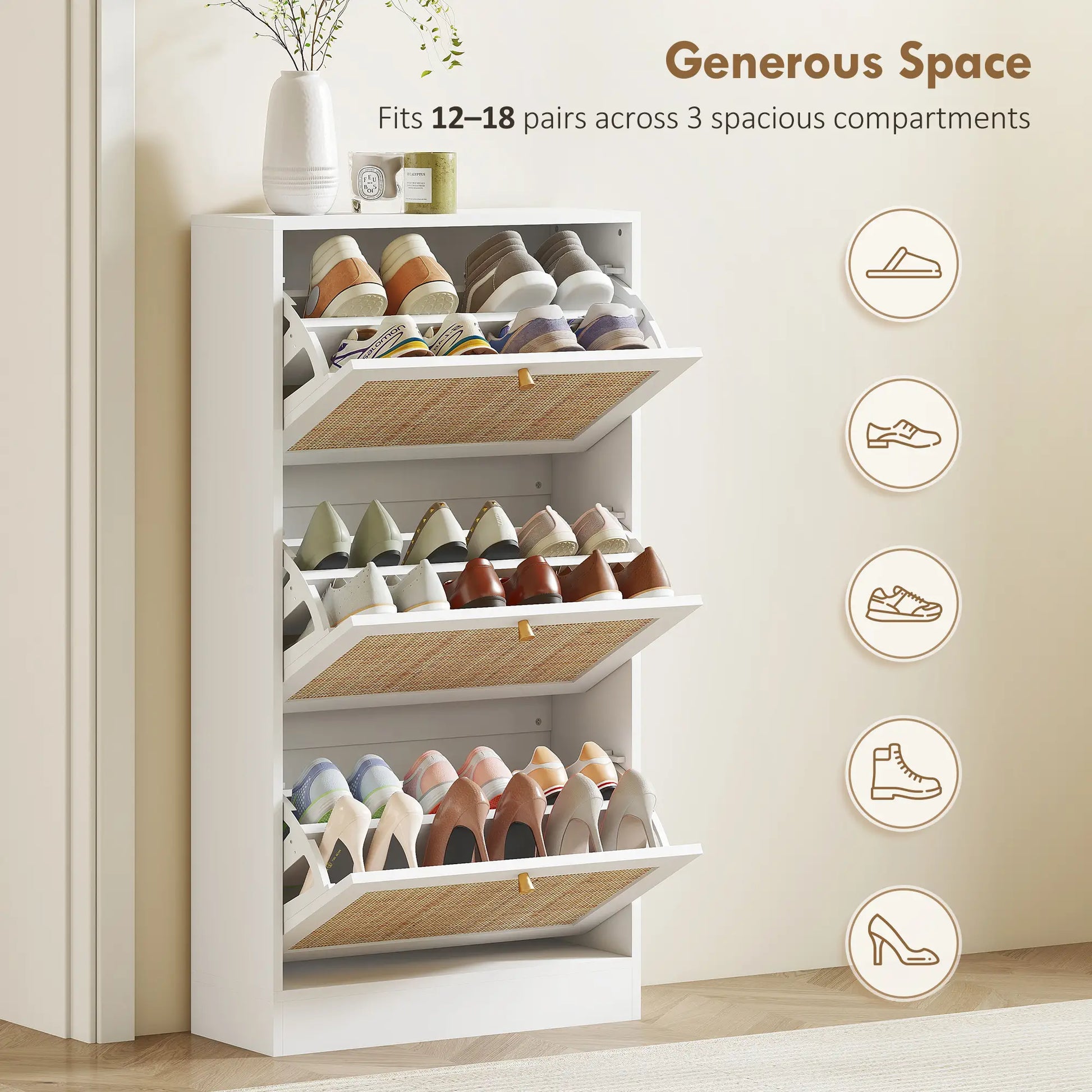 Rattan Shoe Storage Cabinet, 3 Flip Drawers, Adjustable Shelves, 18 Pairs, White Shoe Storage Cabinets & Racks at Gallery Canada