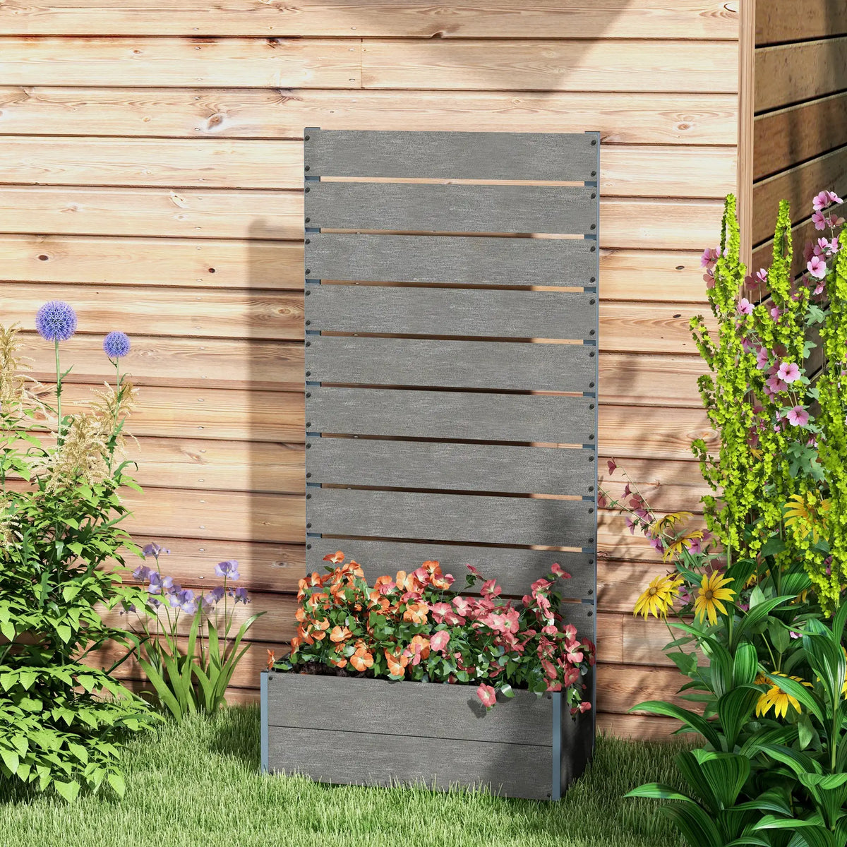 Raised Garden Bed With Trellis, Elevated Planter Box, 28" x 15" x 59", Dark Grey Wooden Planter Boxes at Gallery Canada