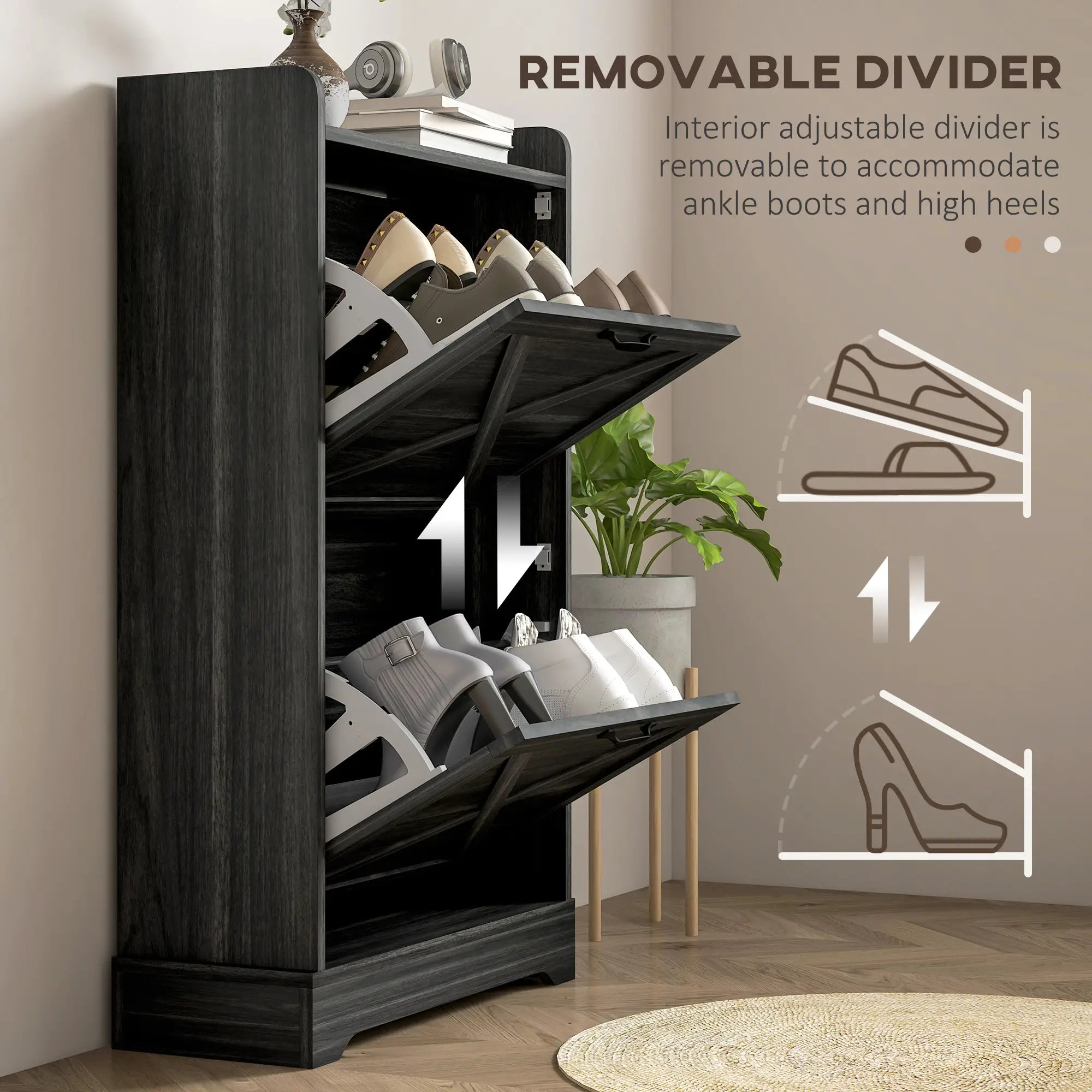 Slim Shoe Storage Cabinet, 2 Flip Drawers, Adjustable Shelves, Distressed, Grey Shoe Storage Cabinets & Racks at Gallery Canada