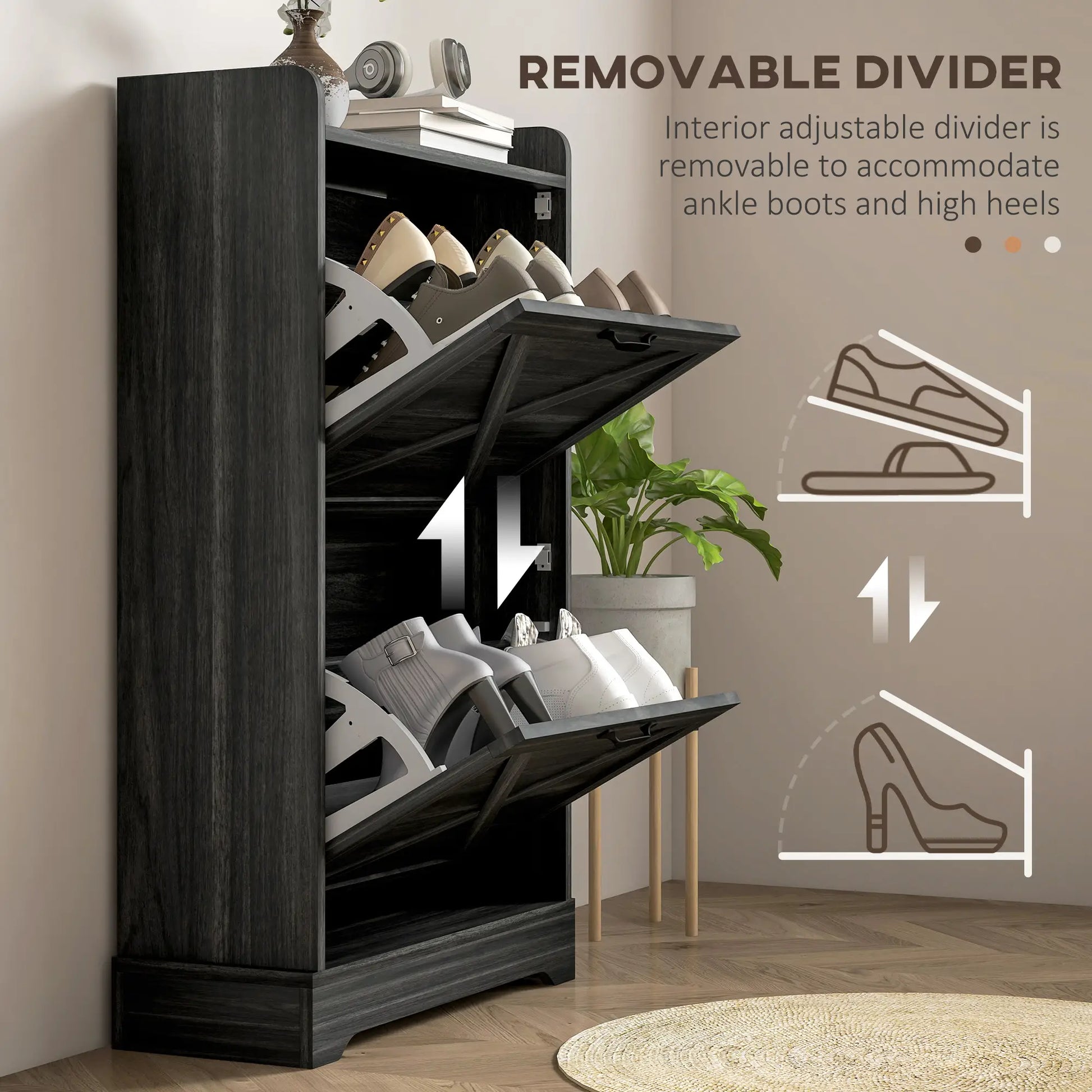 Slim Shoe Storage Cabinet, 2 Flip Drawers, Adjustable Shelves, Distressed, Grey Shoe Storage Cabinets & Racks at Gallery Canada