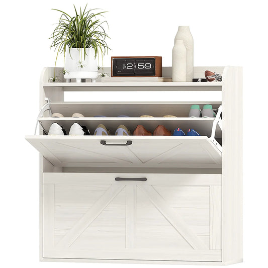 Narrow Shoe Storage Cabinet, 2 Flip Drawers, Adjustable Shelves, White Oak Shoe Storage Cabinets & Racks White Oak at Gallery Canada