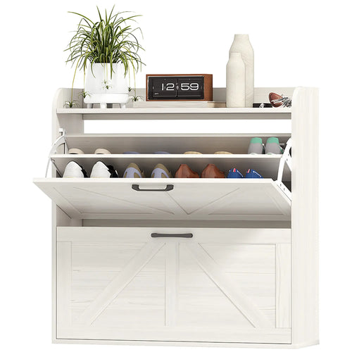 Narrow Shoe Storage Cabinet, 2 Flip Drawers, Adjustable Shelves, White Oak